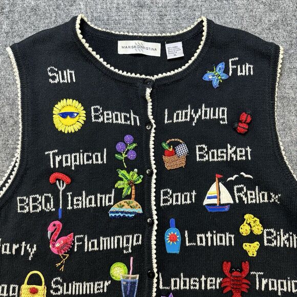 Vintage Marisa Christina Sweater Vest XL Black Embroidered Summer Beach Grandma - Picture 2 of 11